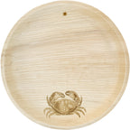 White background. maaterra compostable palm leaf plate with crab design on a white background