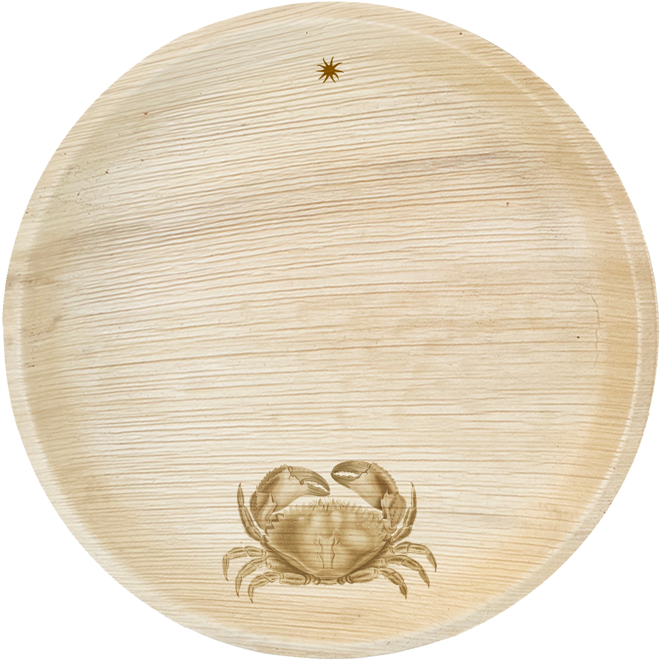 White background. maaterra compostable palm leaf plate with crab design on a white background