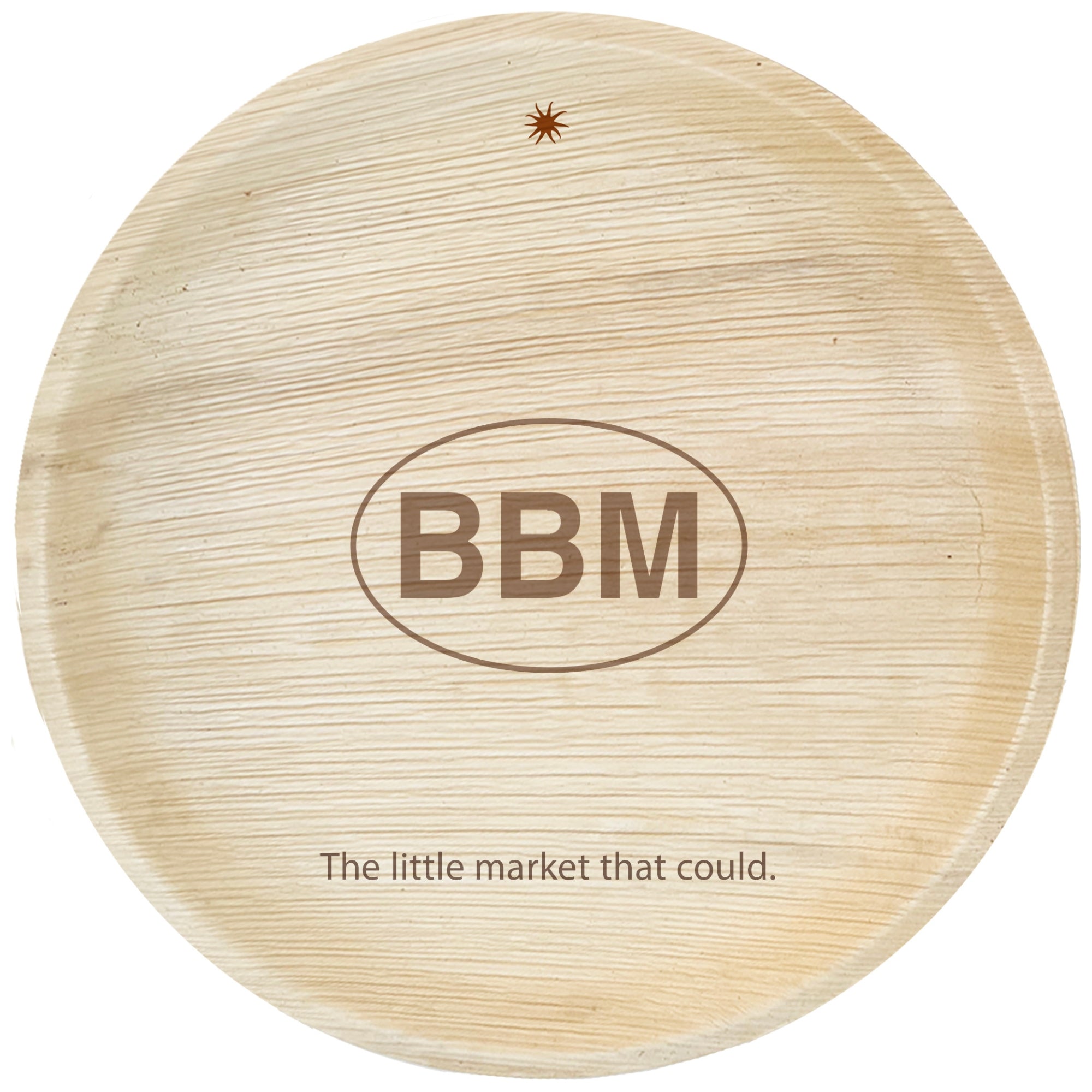 maaterra compostable palm leaf plate with custom BBM engraving over white background.