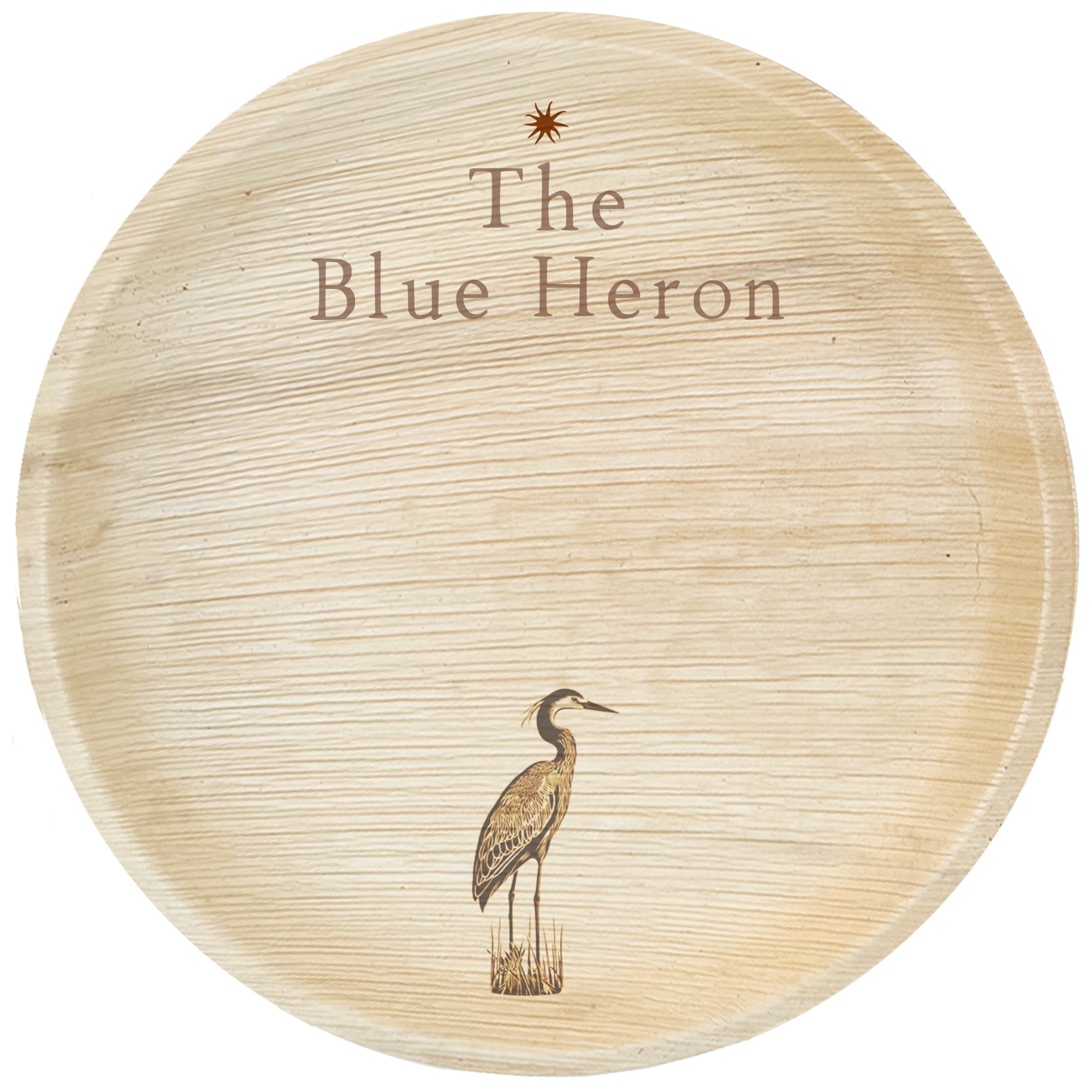 maaterra compostable palm leaf plate with custom blue heron engraving on a white background. 