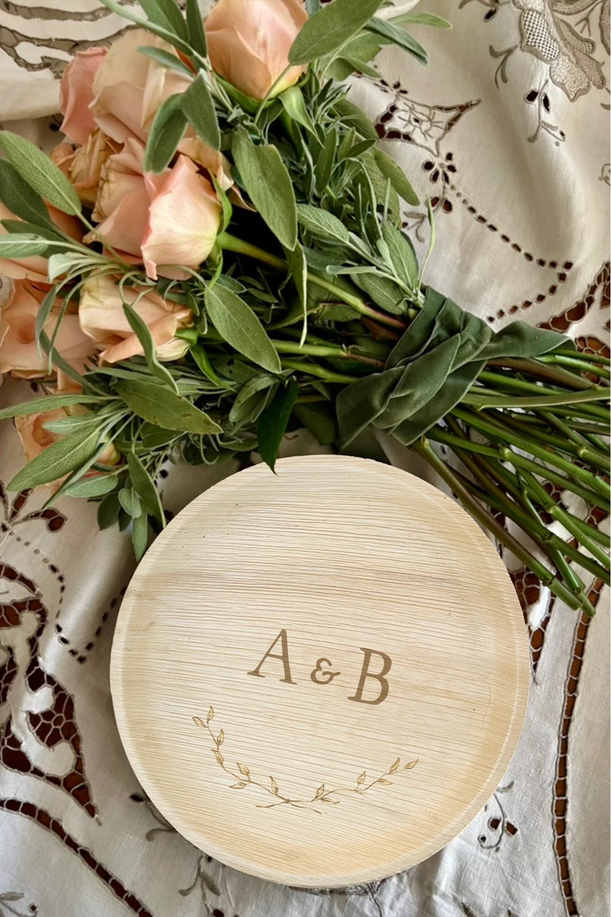 maaterra compostable plate with custom crossed branches design