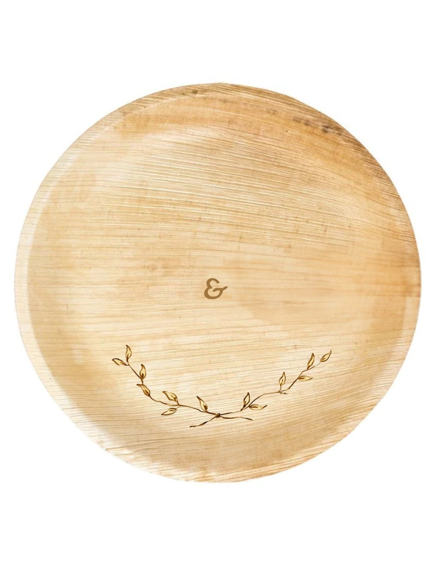 maaterra compostable plate with custom crossed branches design with a white background.