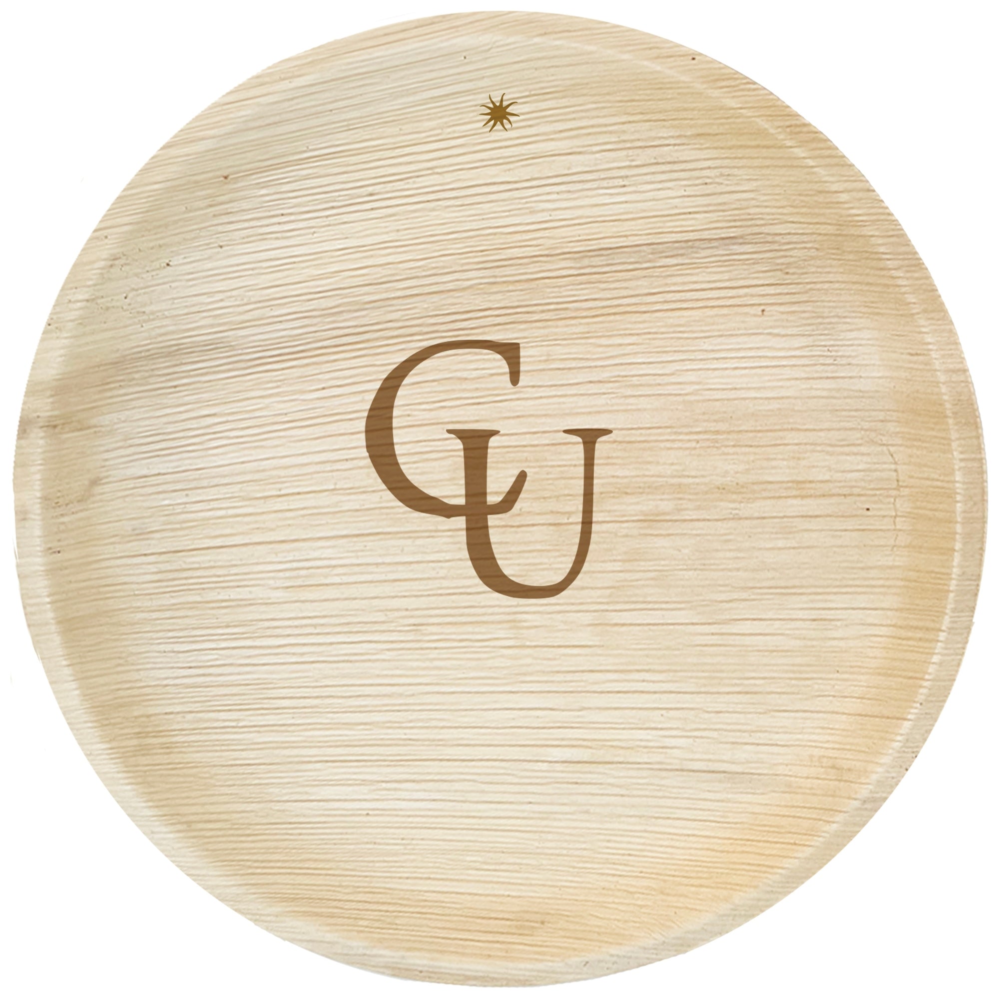 maaterra compostable palm leaf plate with custom CU engraving on a white background. 