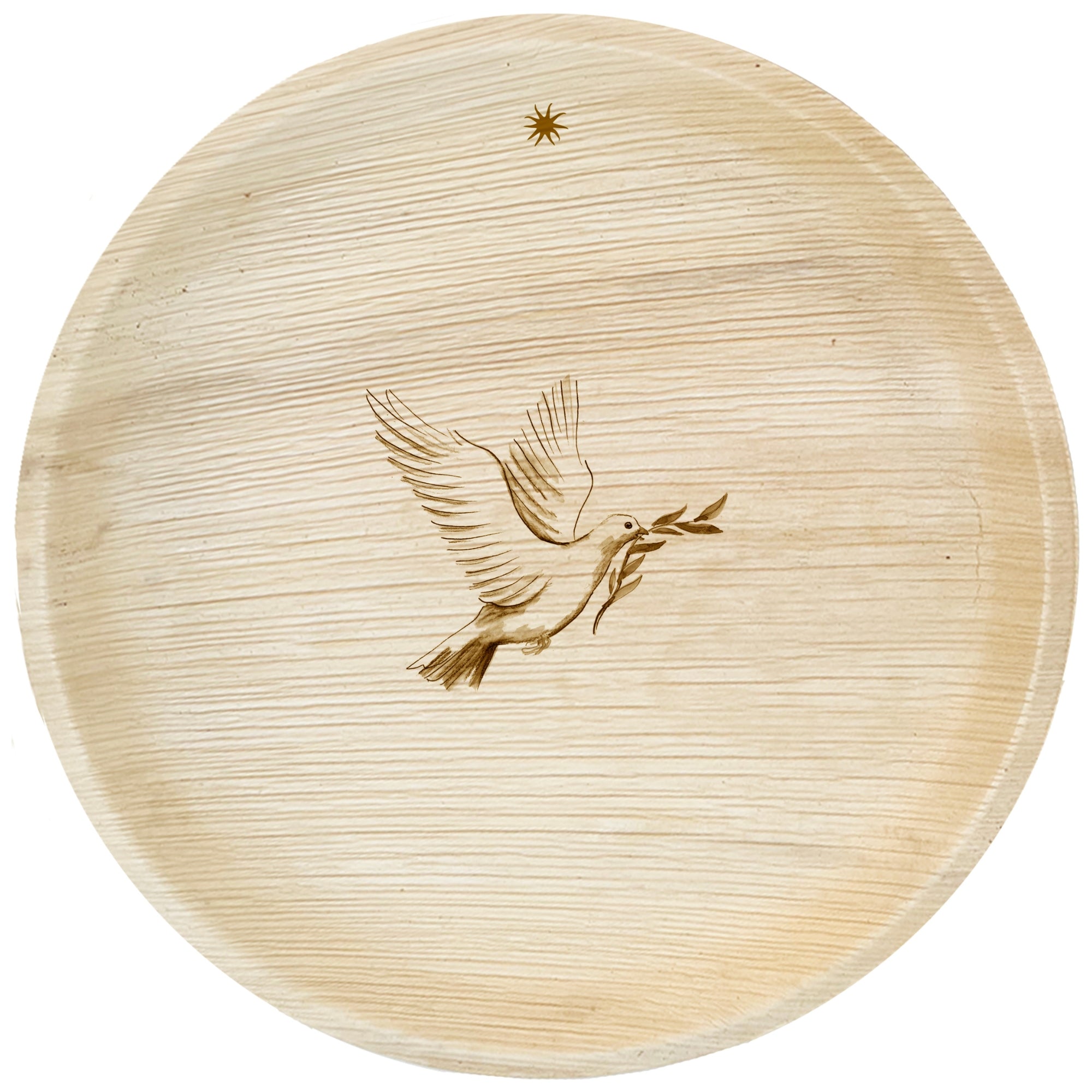 maaterra compostable palm leaf plate with custom dove engraving on a white background. 