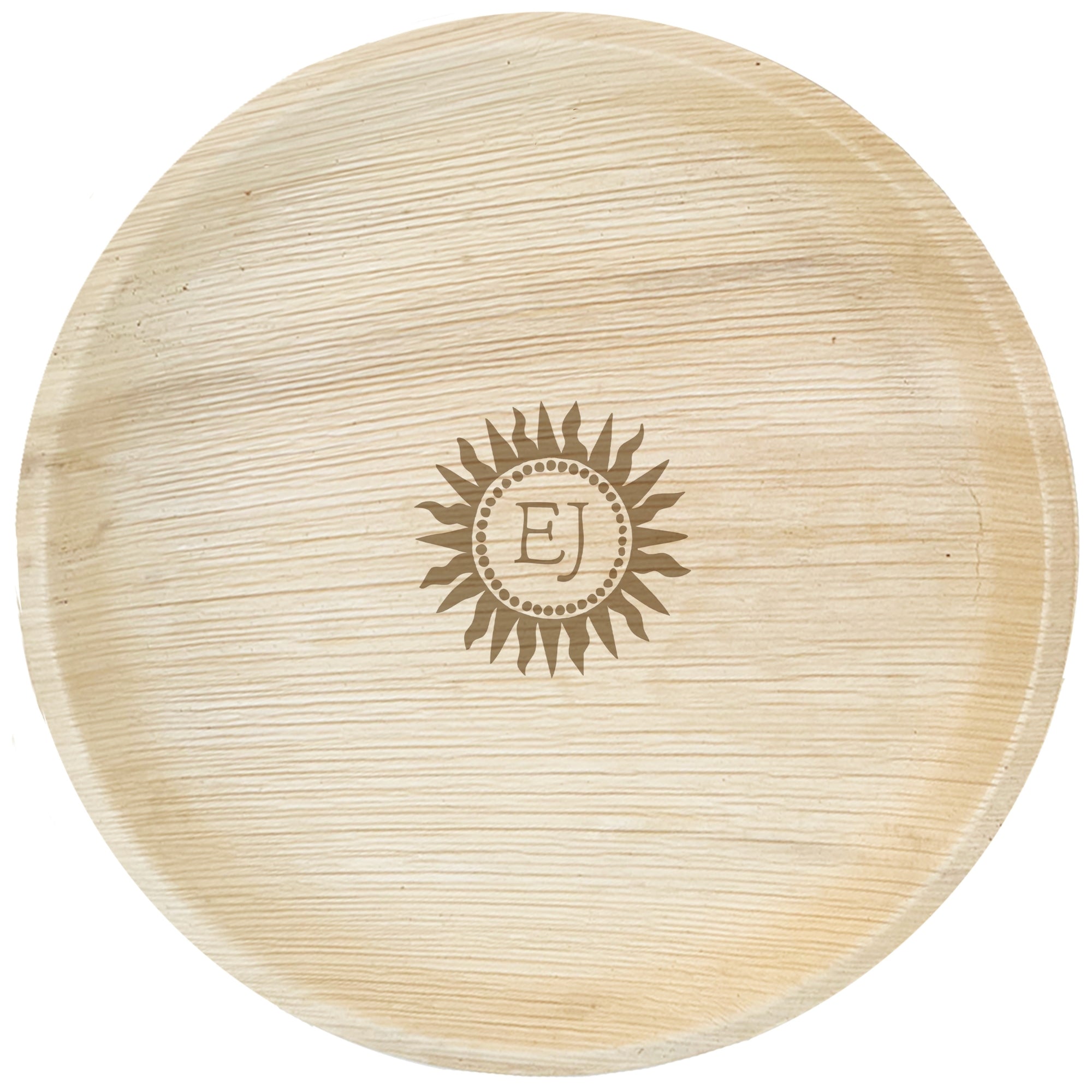 maaterra compostable palm leaf plate with custom EJ sun engraving over white background.