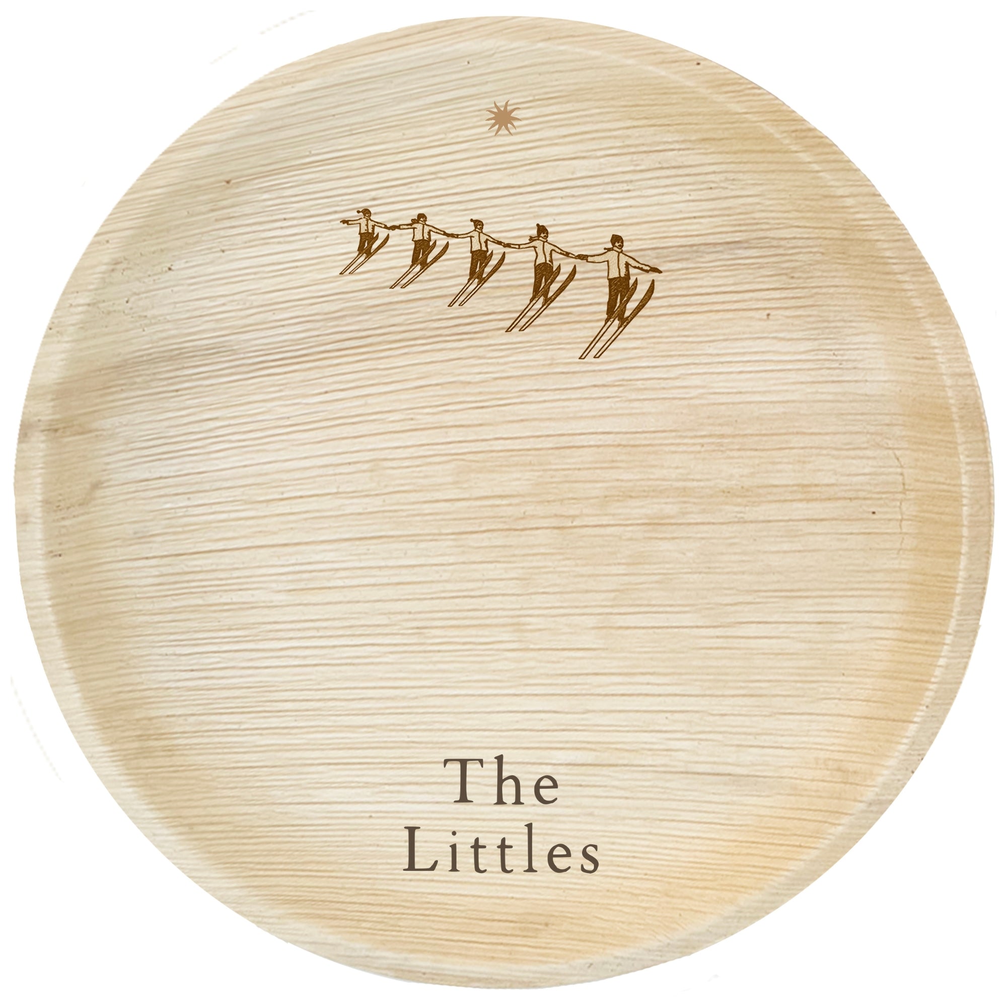 maaterra compostable palm leaf plate with custom high five engraving on a white background. 