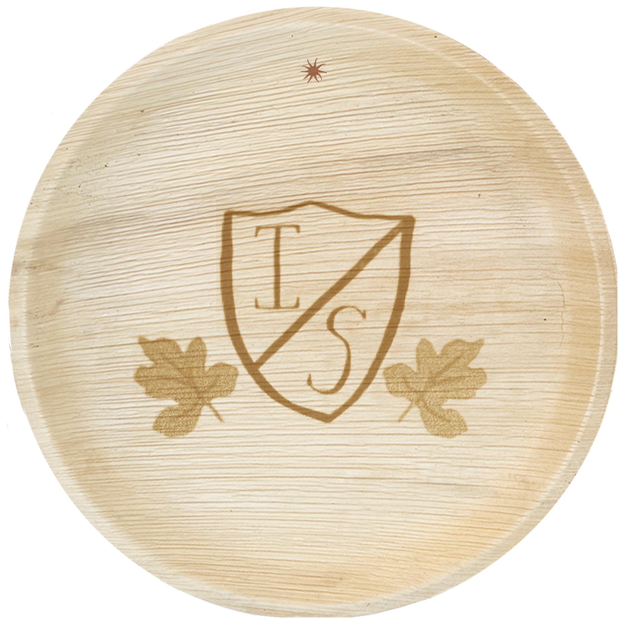 maaterra compostable palm leaf plate with custom IS engraving on a white background. 