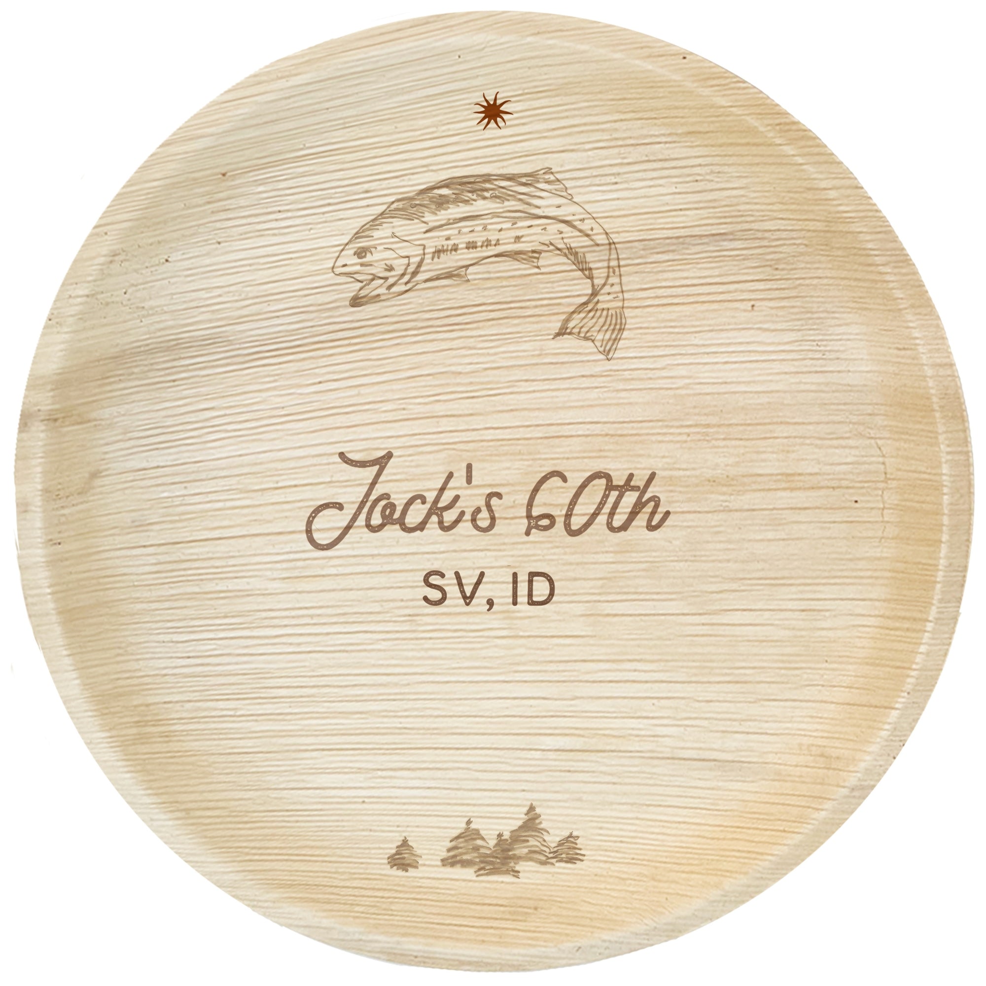 maaterra compostable palm leaf plate with custom Jack's 60th engraving on a white background. 