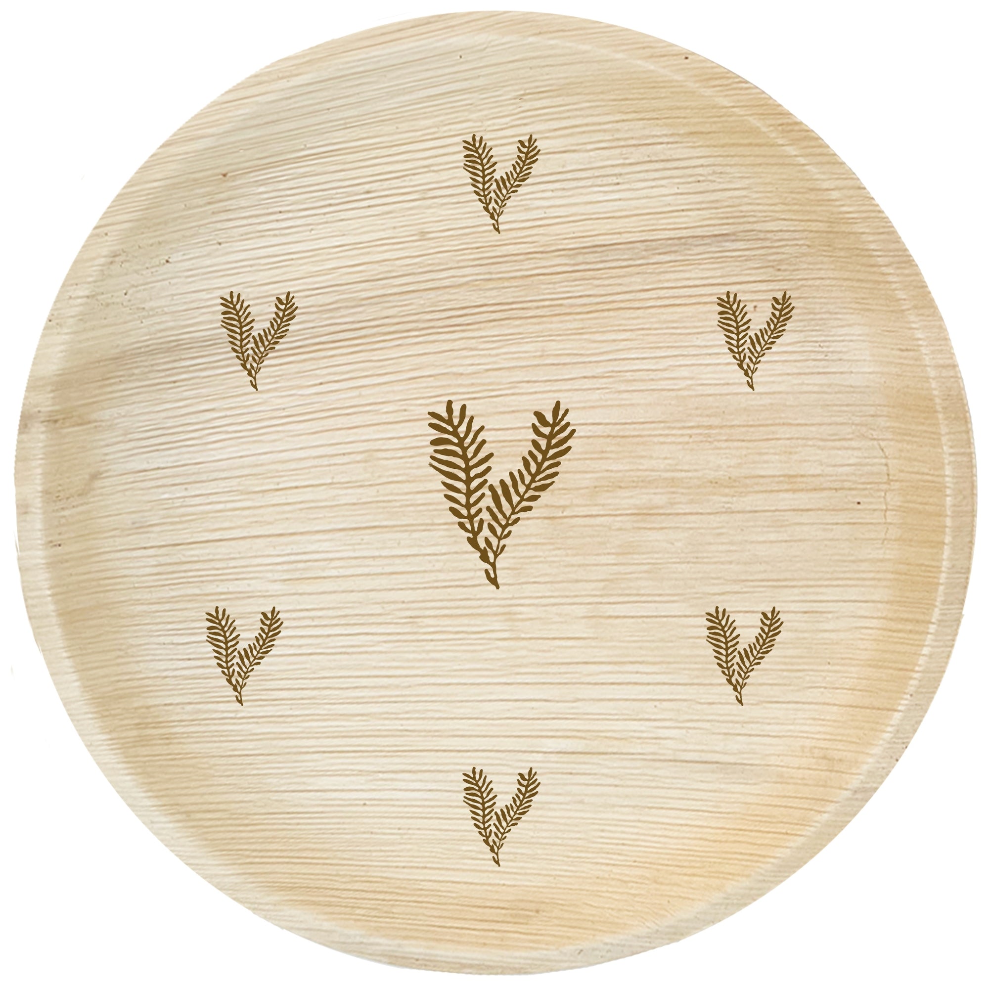 maaterra compostable palm leaf plate with leaf heart engraving over white background.