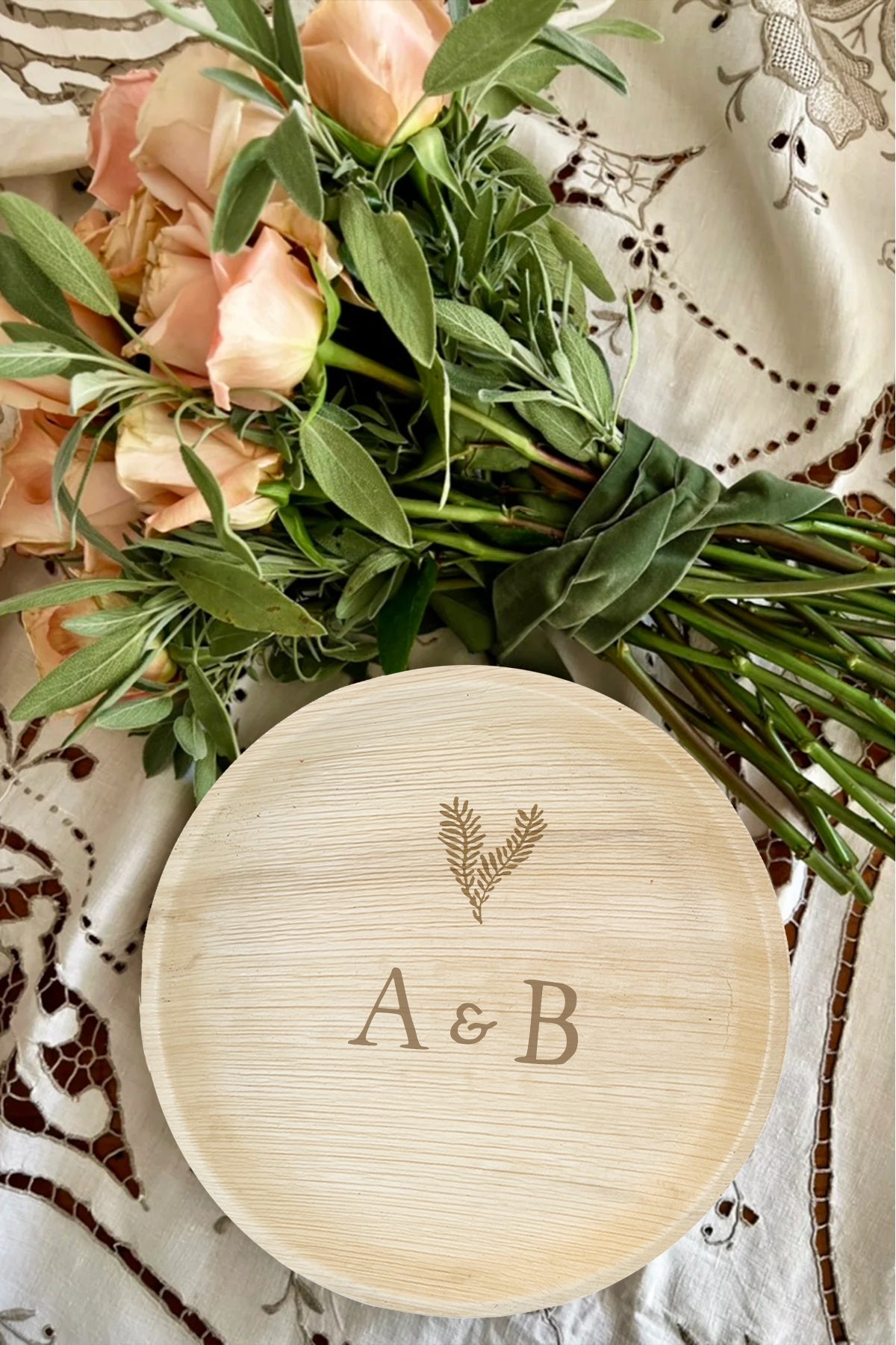 maaterra compostable plate with custom leaf heart design.