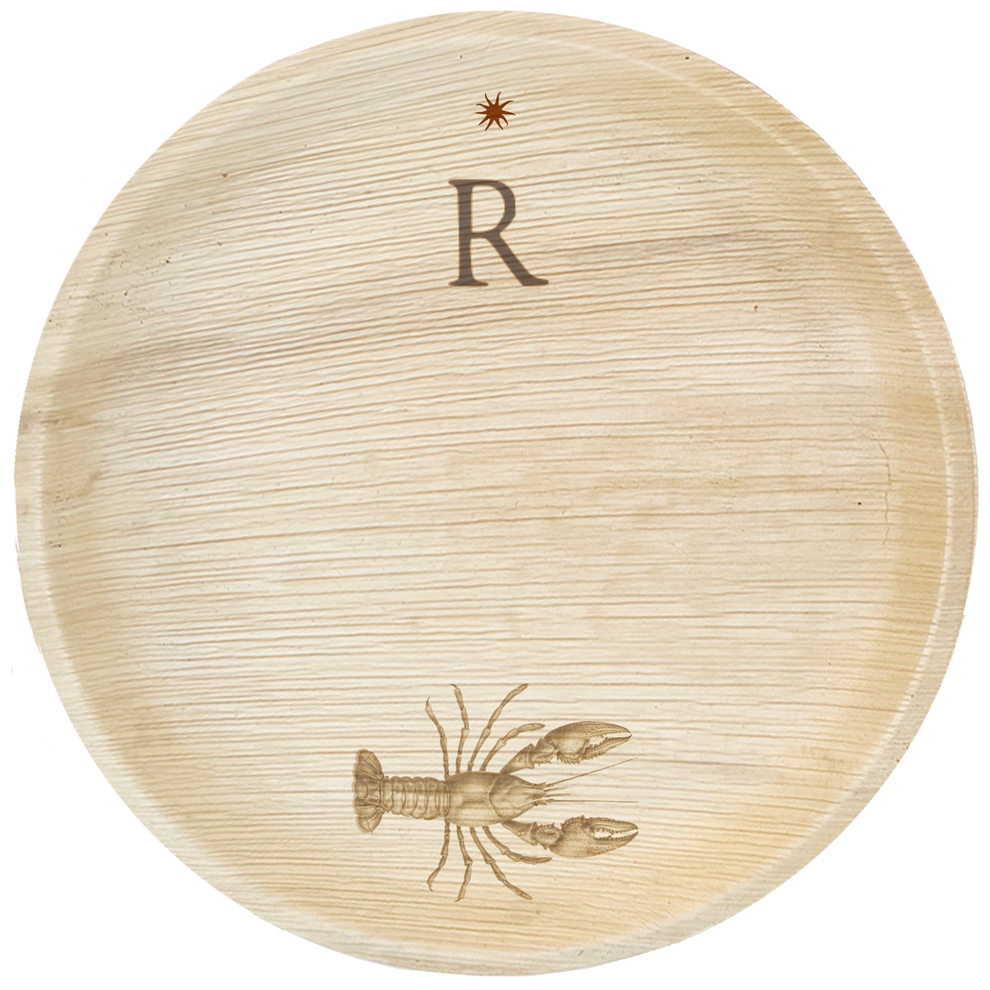 maaterra compostable palm leaf plate with custom lobster engraving on a white background. 