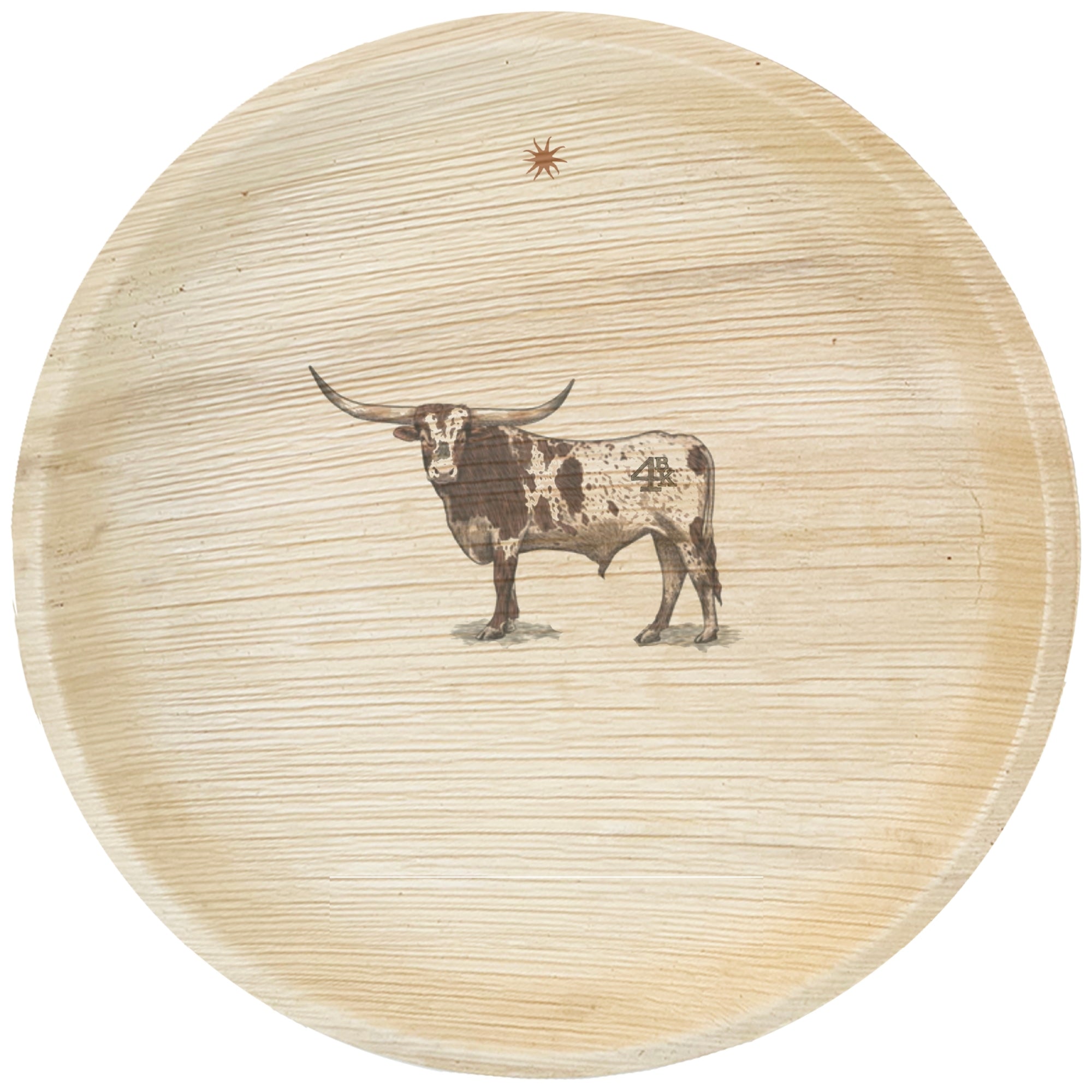 maaterra compostable palm leaf plate with longhorn engraving over white background.