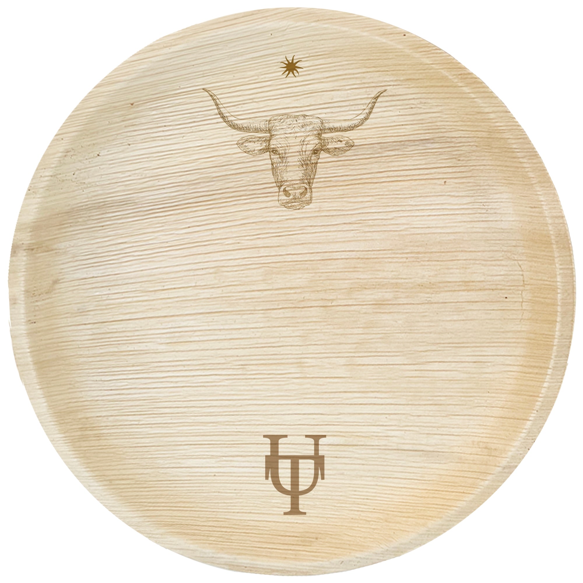 maaterra compostable palm leaf plate with custom longhorn engraving on a white background. 
