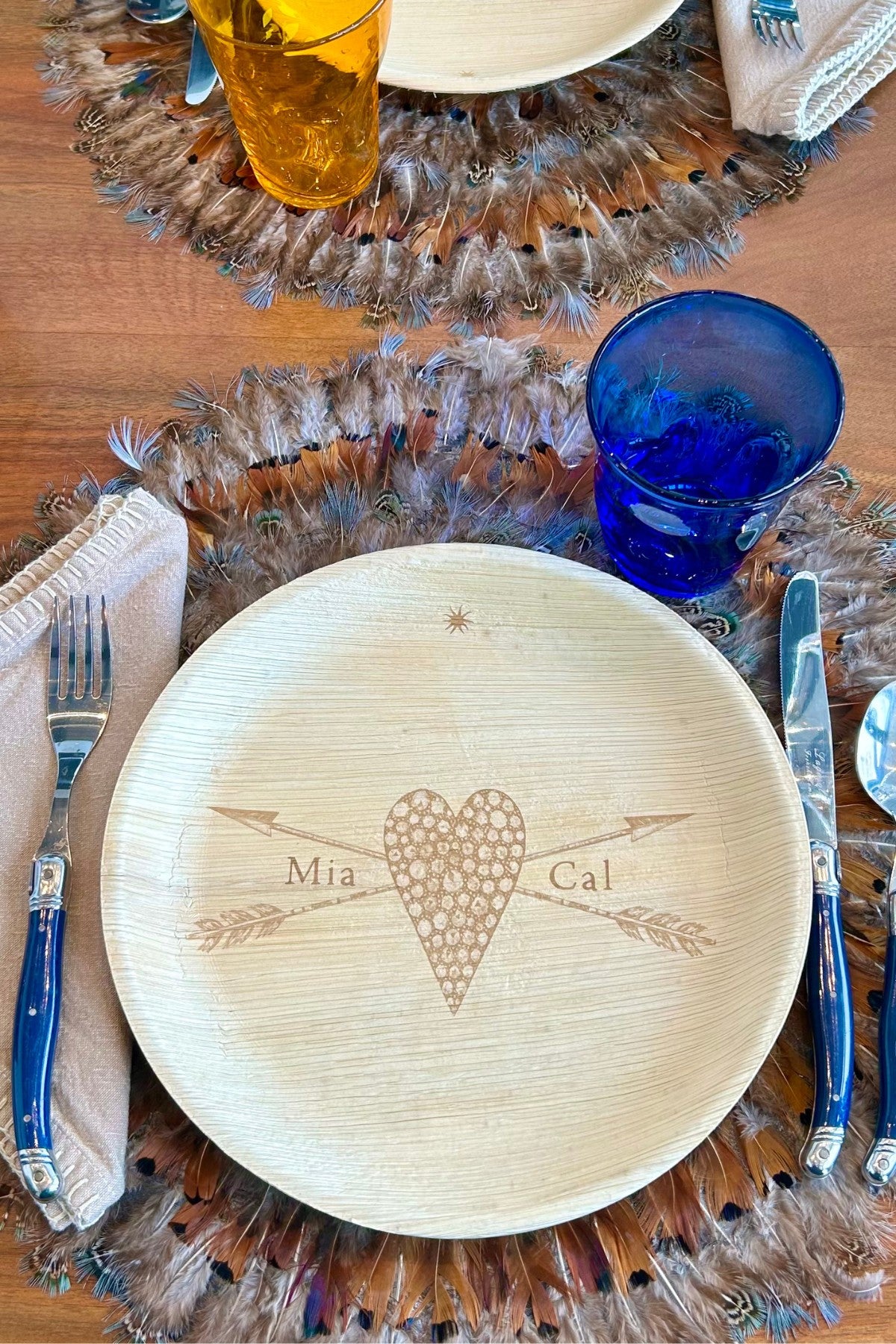 maaterra compostable plate with custom Mia & Cal stone heart. 
