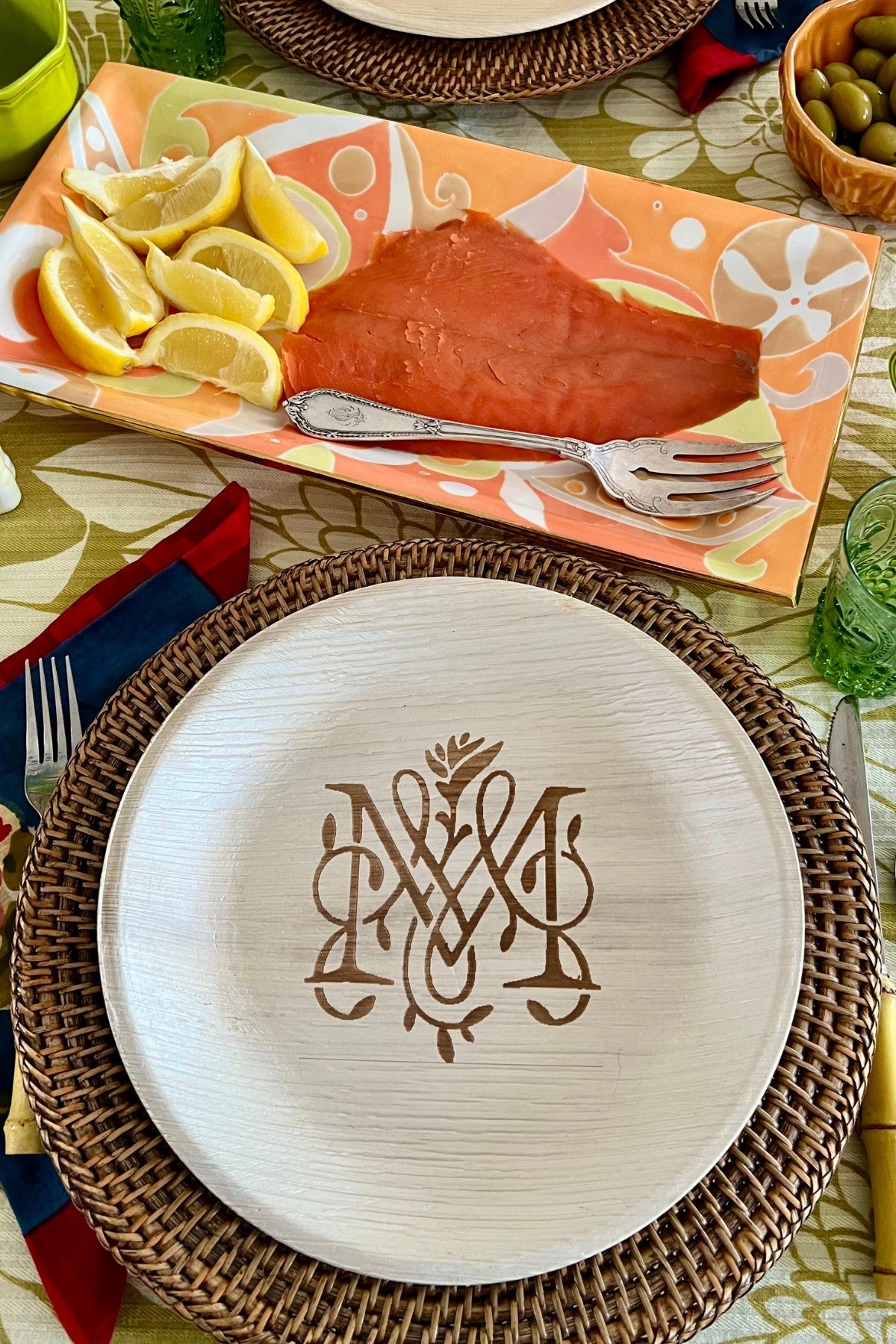 maaterra compostable plate with custom monogram plate. 