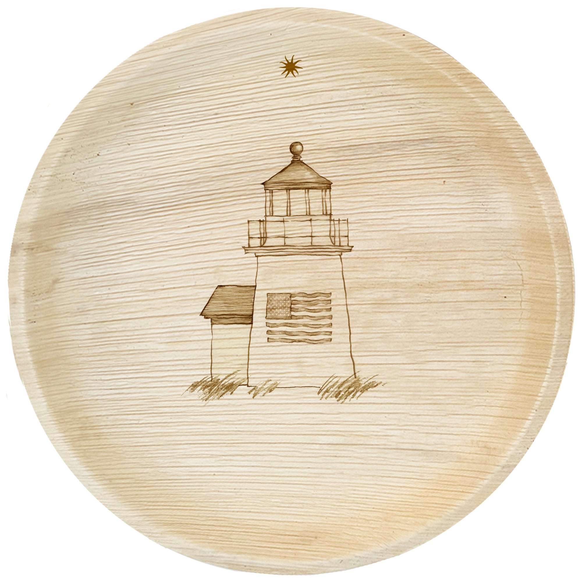 maaterra compostable plate with custom nantucket lighthouse design.