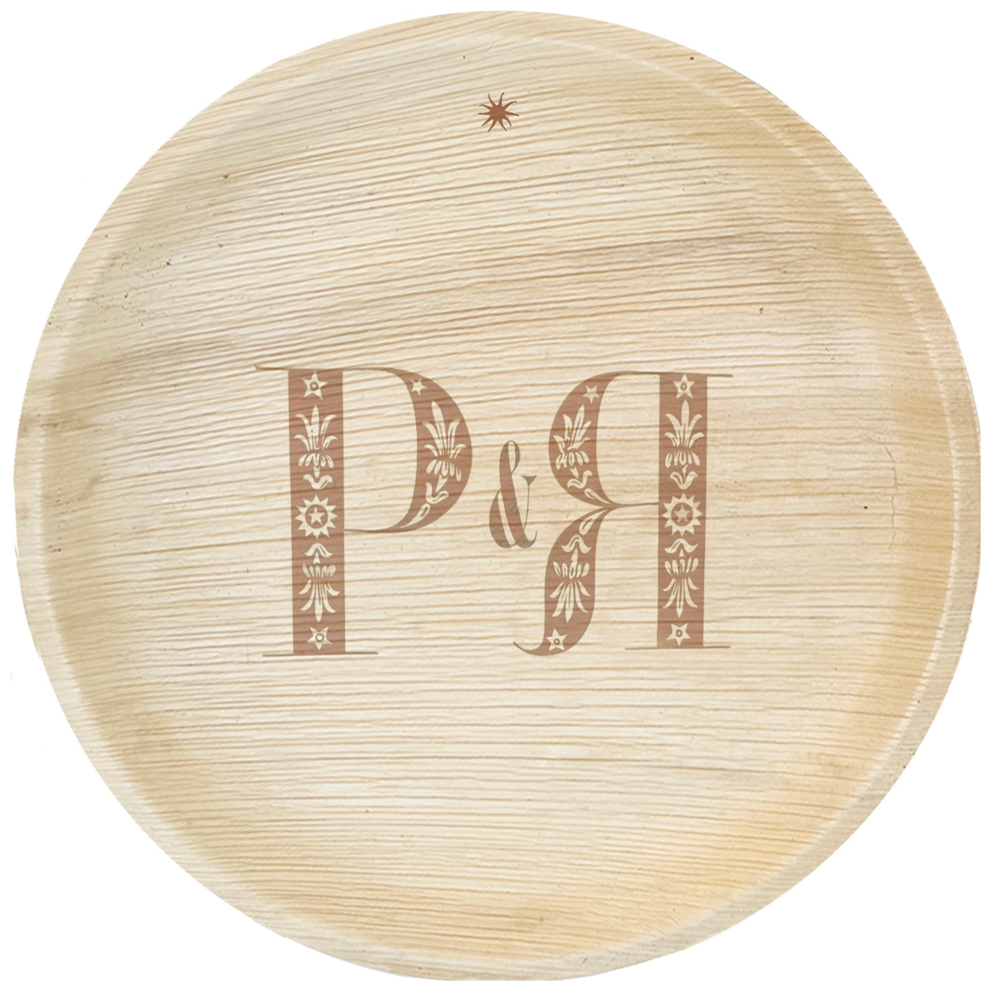 maaterra compostable palm leaf plate with custom P&R engraving on a white background. 
