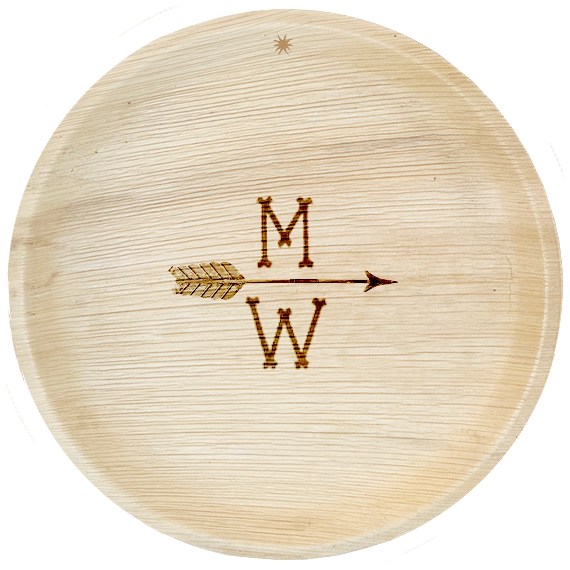 maaterra compostable palm leaf plate with  single arrows and MW intitials engraving over white background.