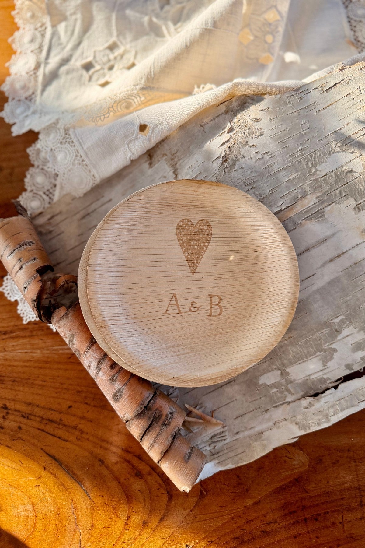 maaterra compostable plate with custom stone heart design. 