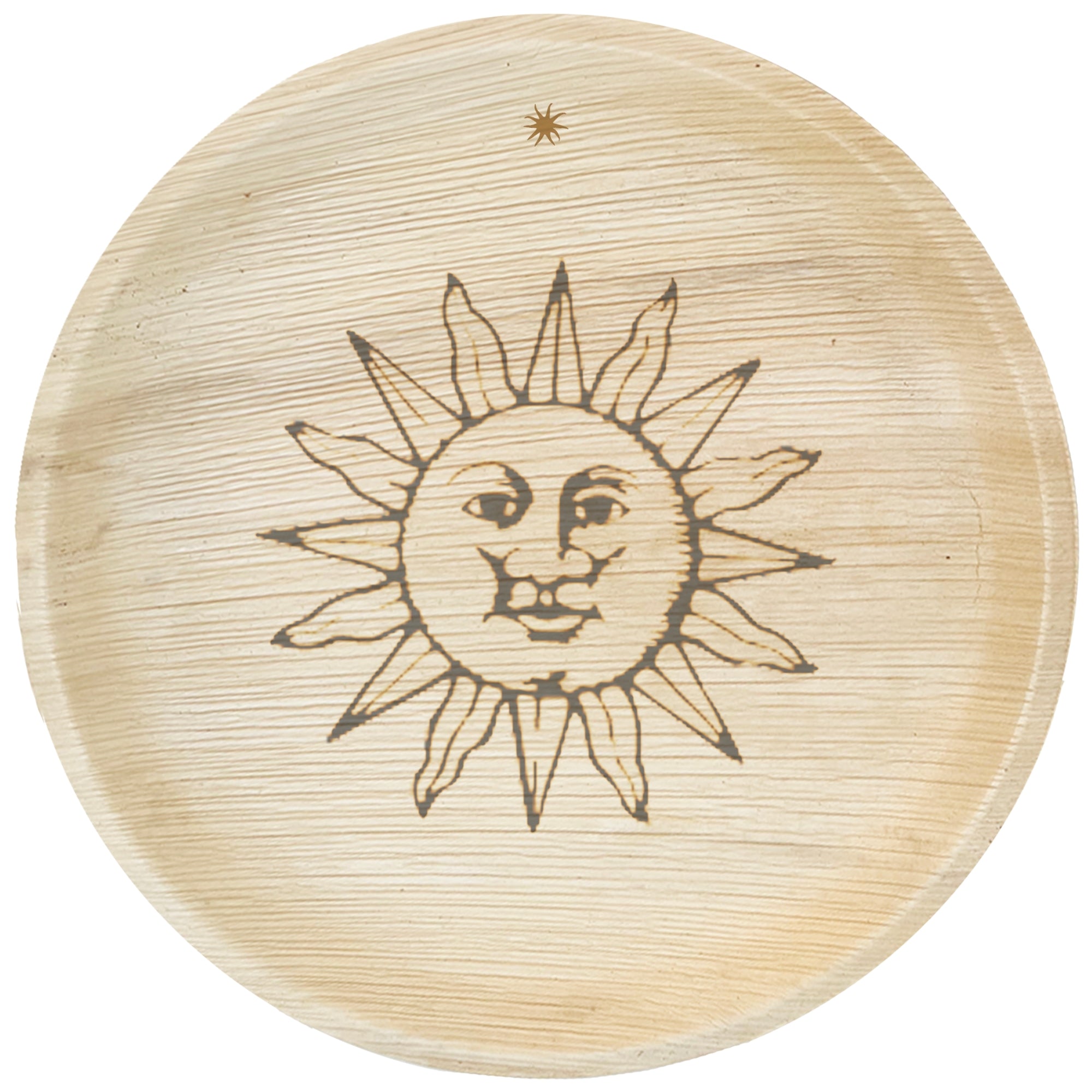 maaterra compostable palm leaf plate with  custom sun engraving over white background.