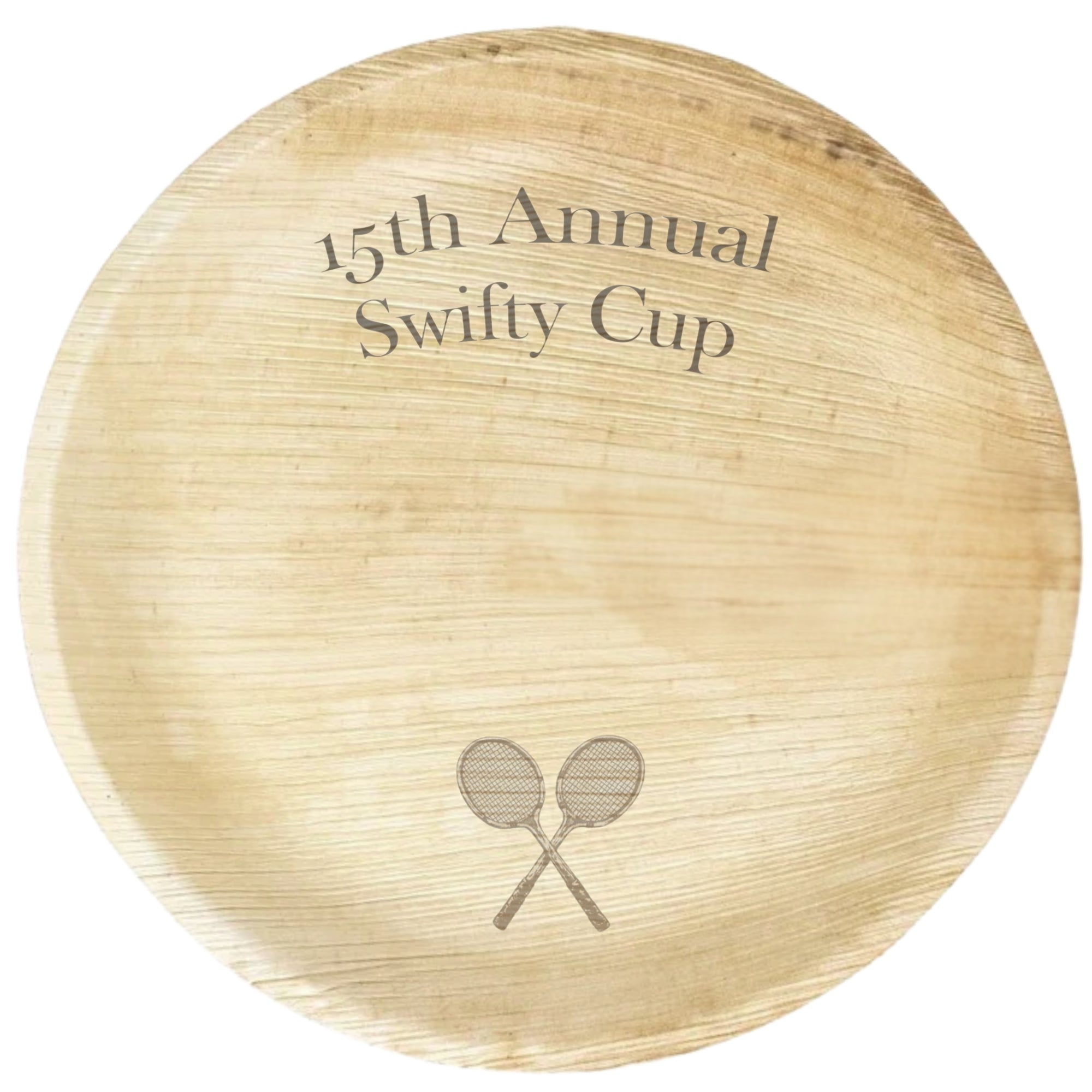 maaterra compostable palm leaf plate with custom swifty cup engraving over white background.