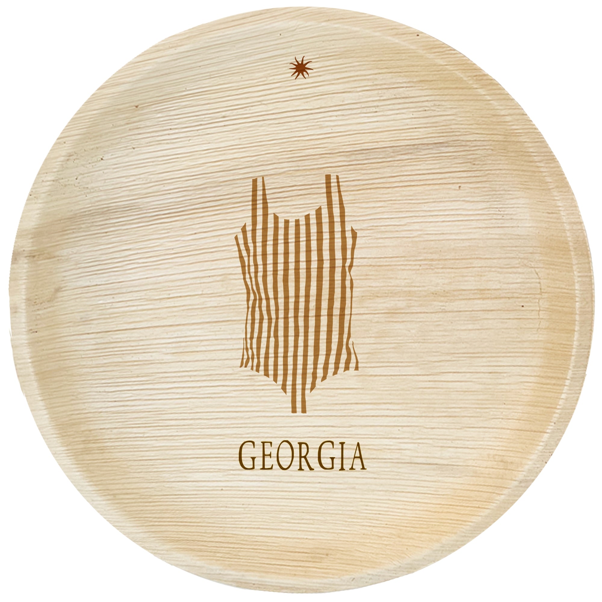 maaterra compostable palm leaf plate with custom swim suit engraving over white background.