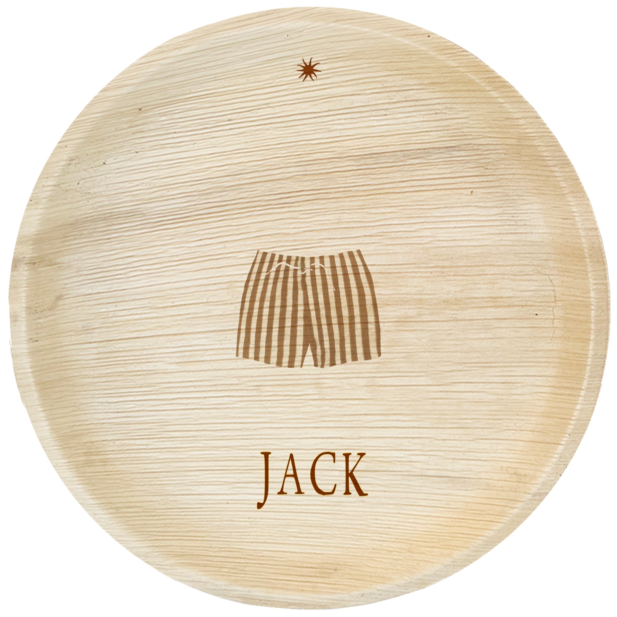 maaterra compostable palm leaf plate with swim trunks engraving over white background.