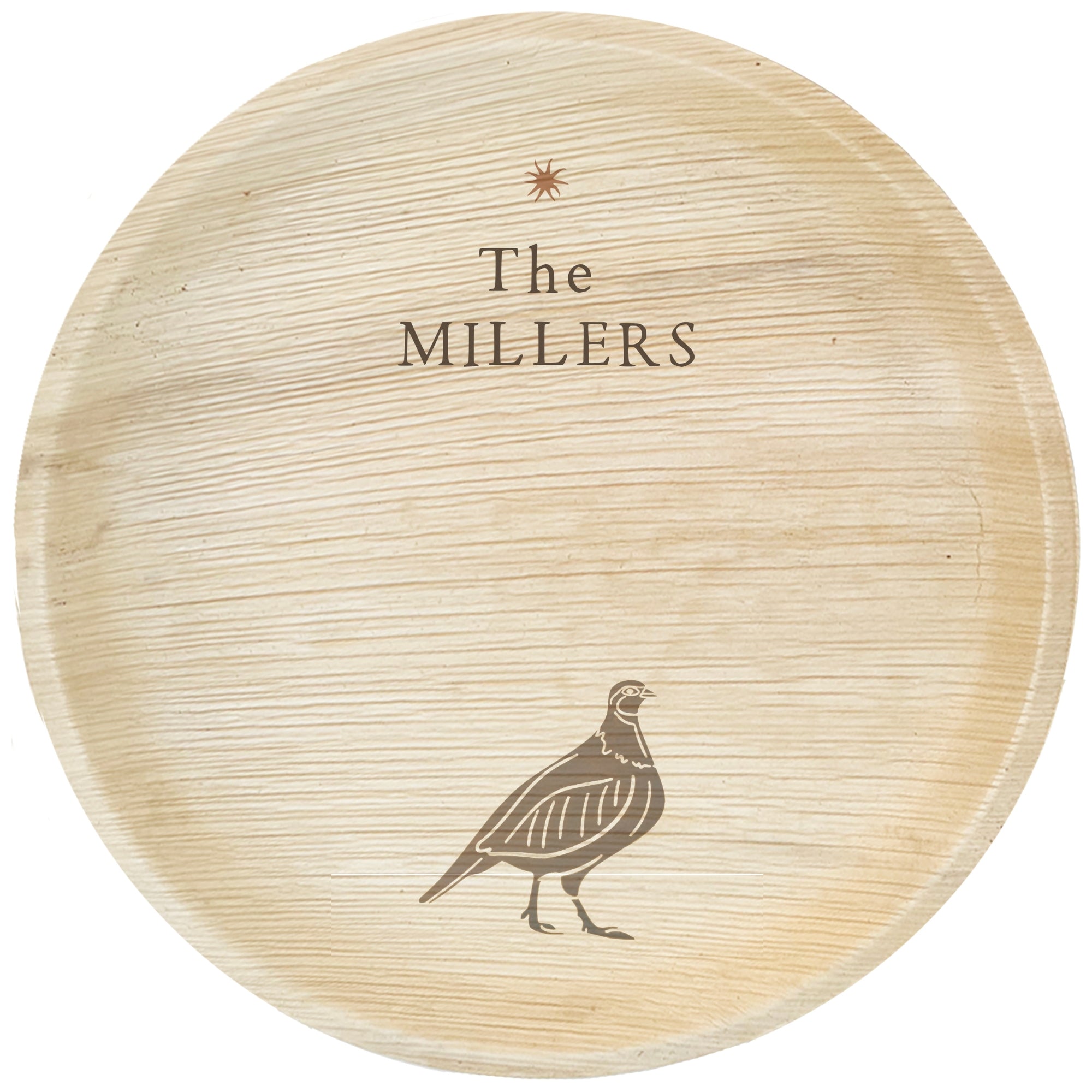 maaterra compostable palm leaf plate with custom the millers engraving on a white background. 
