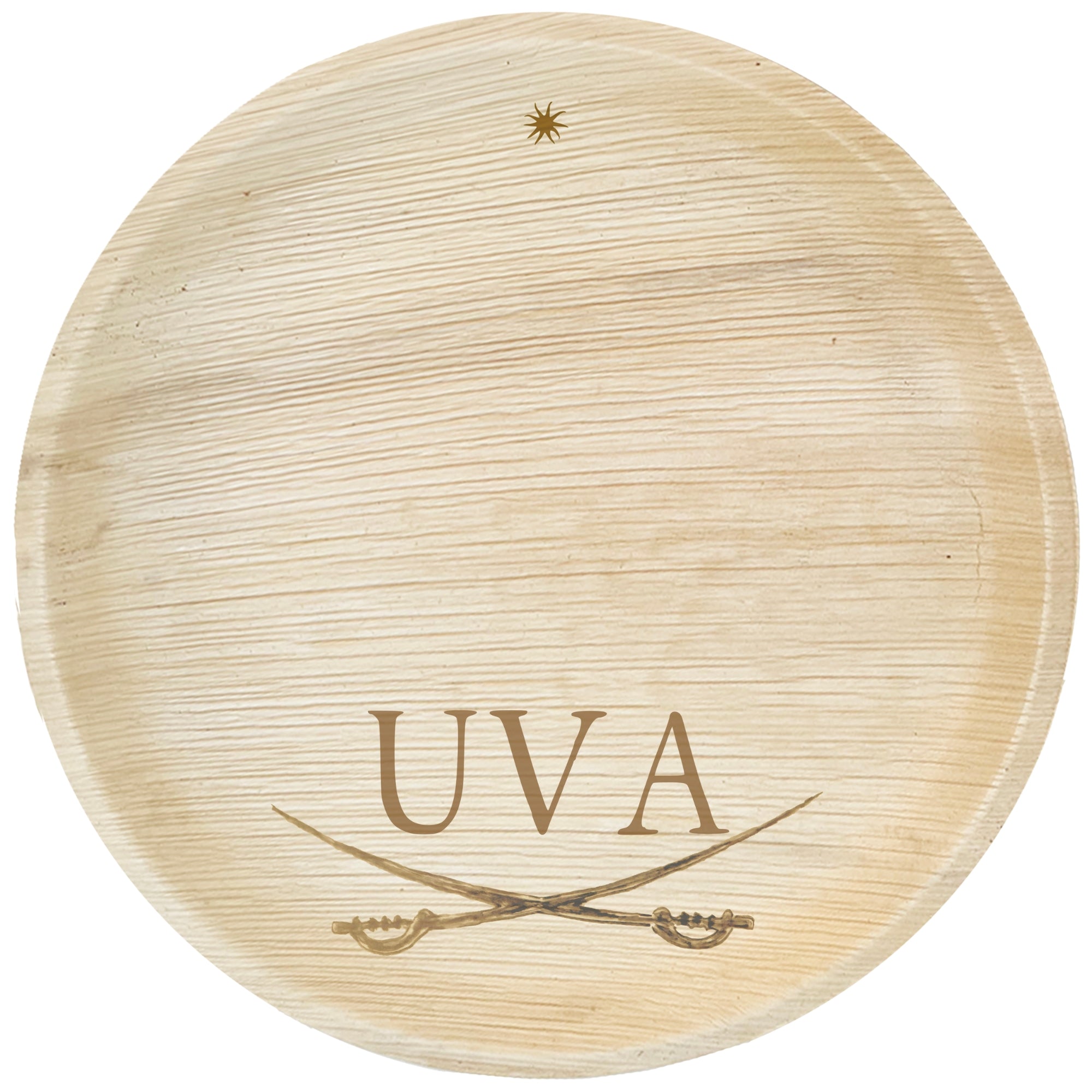 maaterra compostable palm leaf plate with UVA engraving over white background.