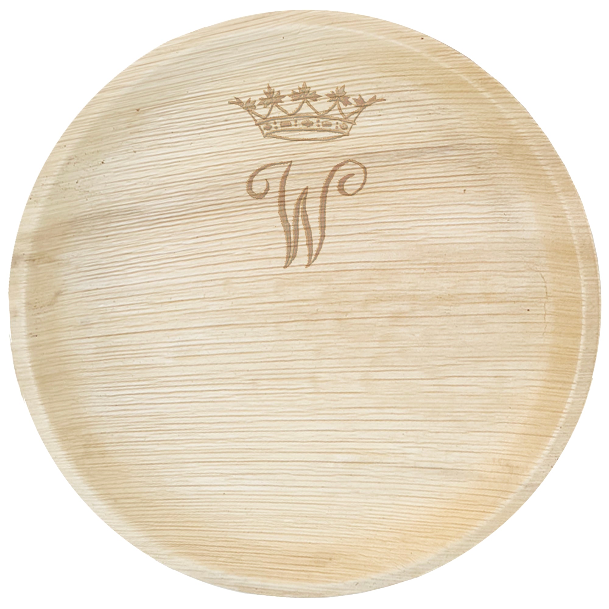 maaterra compostable palm leaf plate with custom w engraving on a white background. 