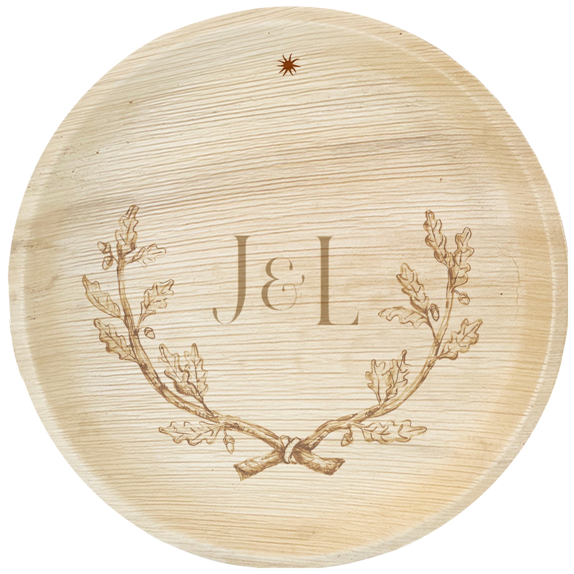 maaterra compostable palm leaf plate with  wreath oak engraving over white background.