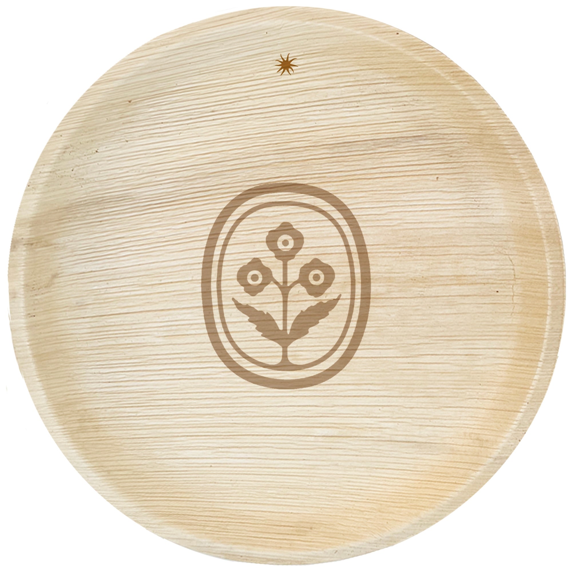 maaterra compostable palm leaf plate with custom flower engraving on a white background. 