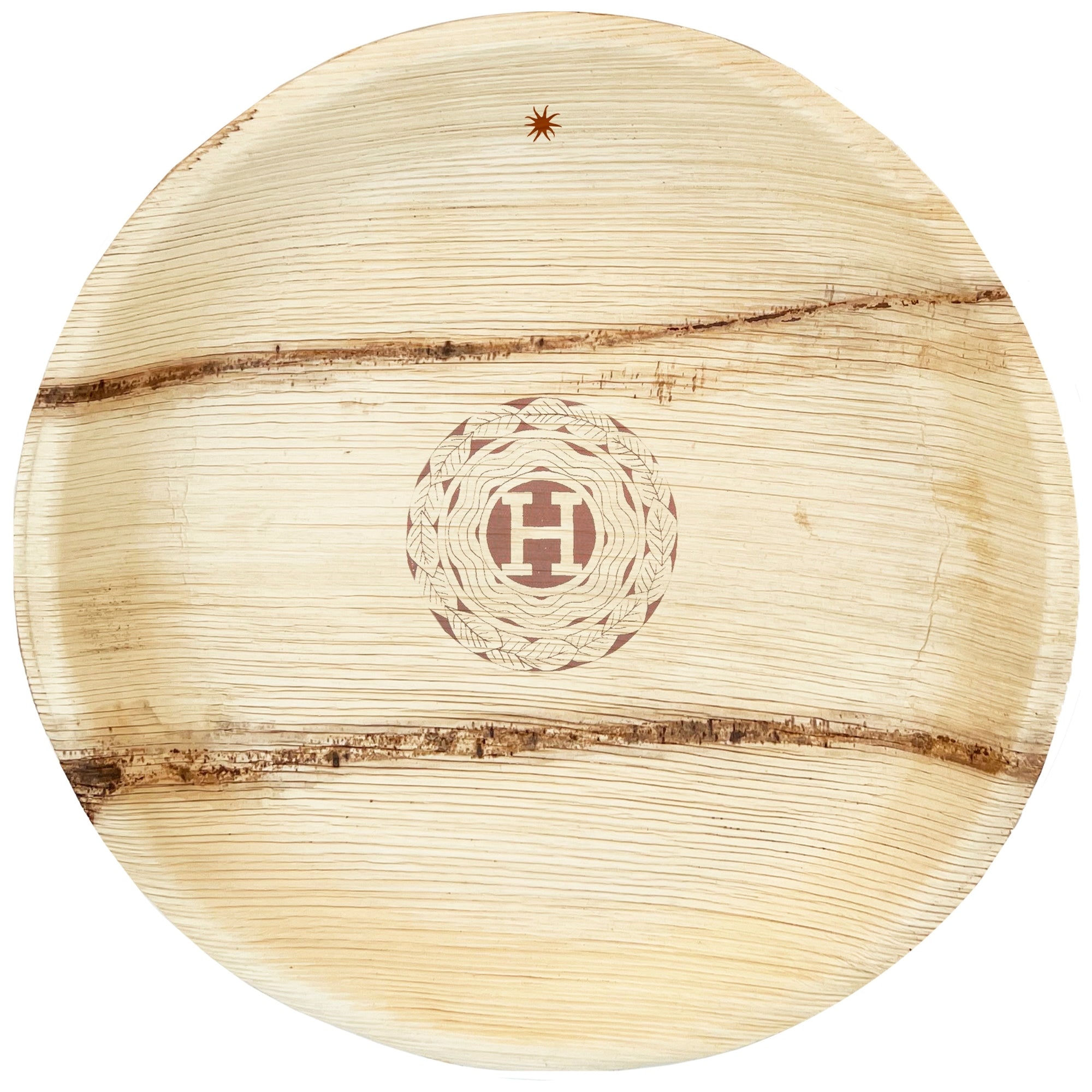maaterra compostable palm leaf plate with custom H mongram engraving on a white background. 