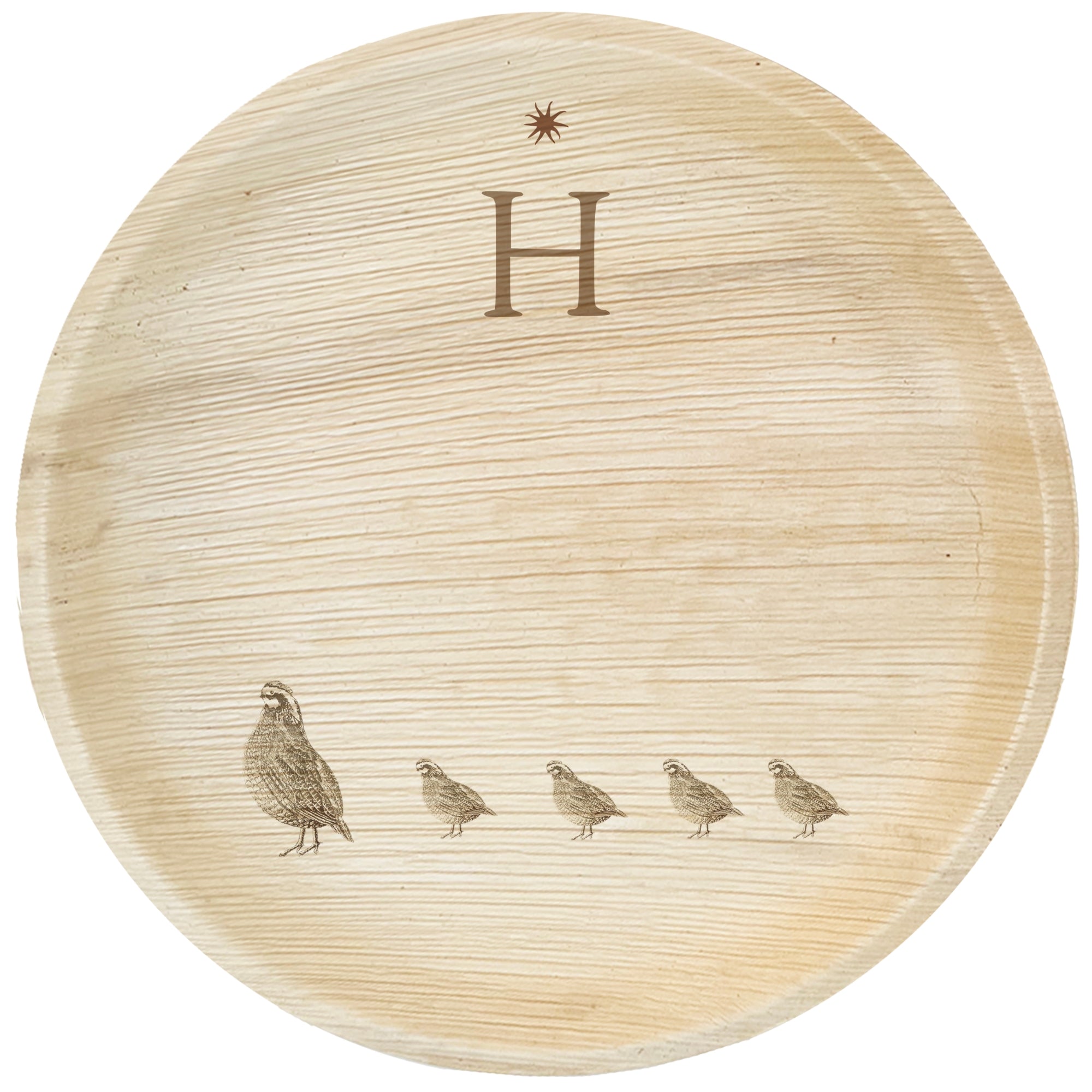 maaterra compostable palm leaf plate with custom hen engraving on a white background. 