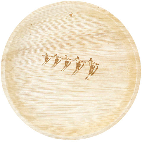White background. maaterra compostable palm leaf plate with holiday High Five design.