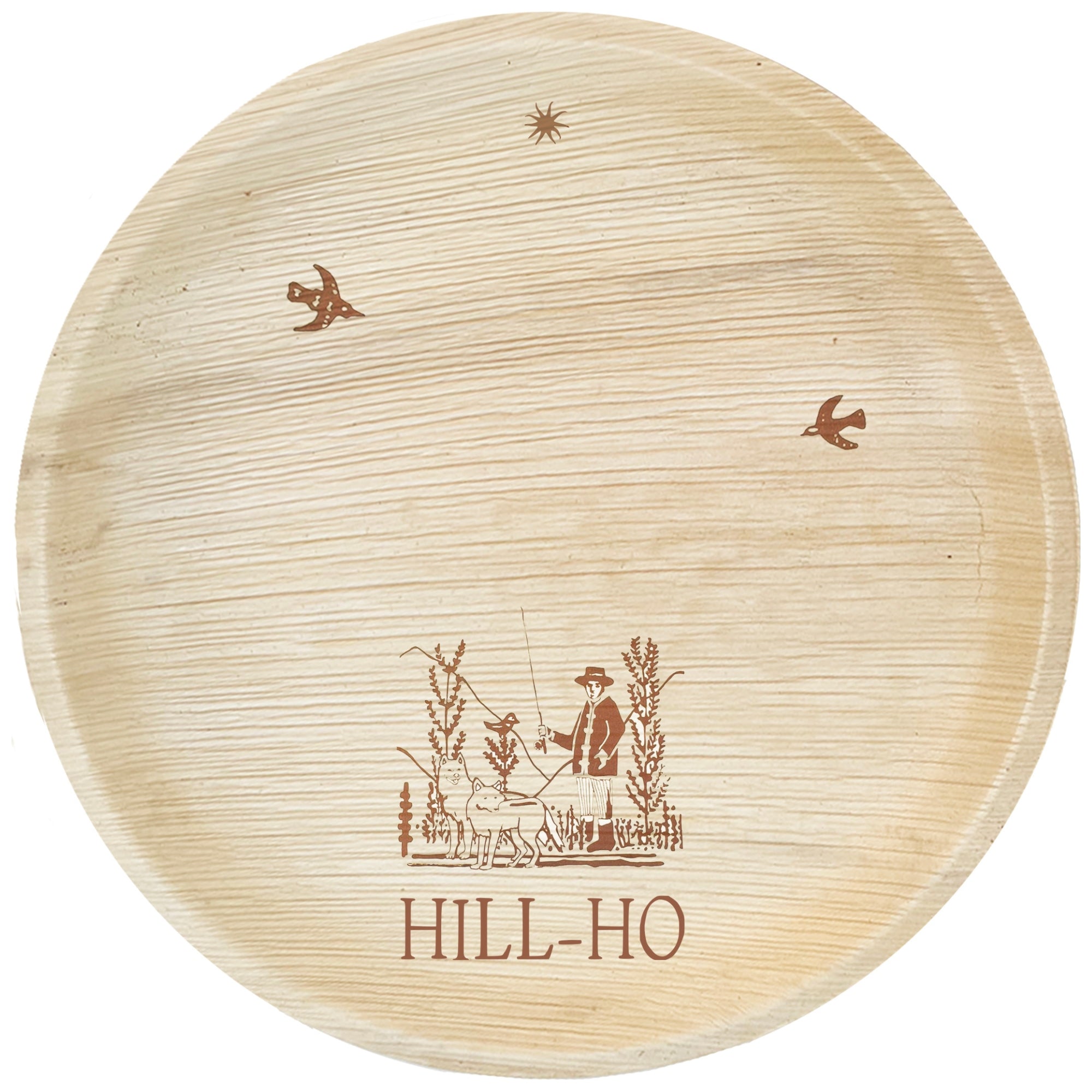 maaterra compostable palm leaf plate with custom hill-ho engraving on a white background. 