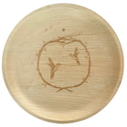 White background. maaterra compostable palm leaf plate with hummingbird wreath design.