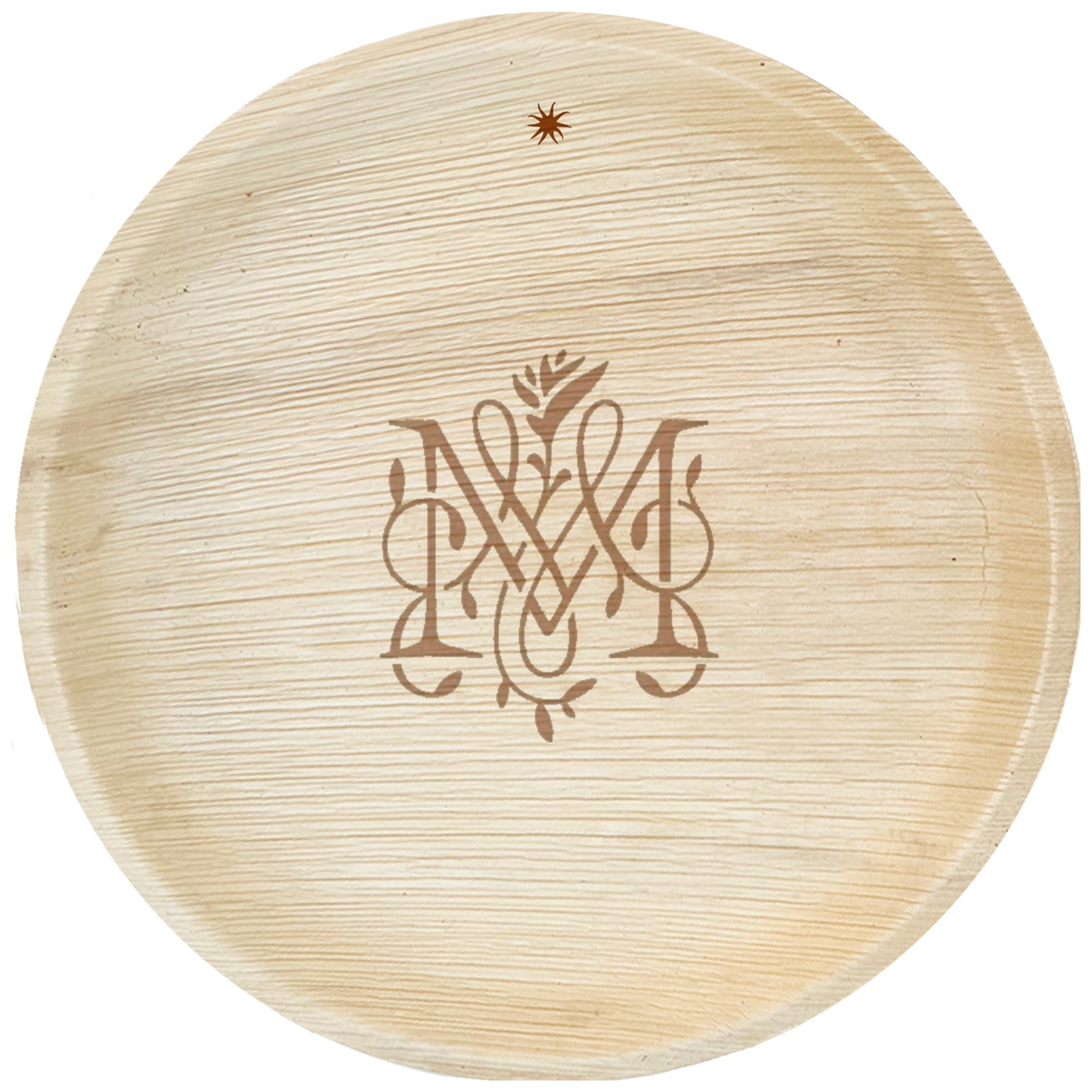maaterra compostable palm leaf plate with custom M monogram engraving on a white background. 