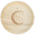 White background. maaterra compostable palm leaf plate with moon & stars design.