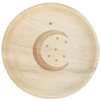 White background. maaterra compostable palm leaf plate with moon & stars design.