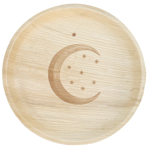 White background. maaterra compostable palm leaf plate with moon & stars design.