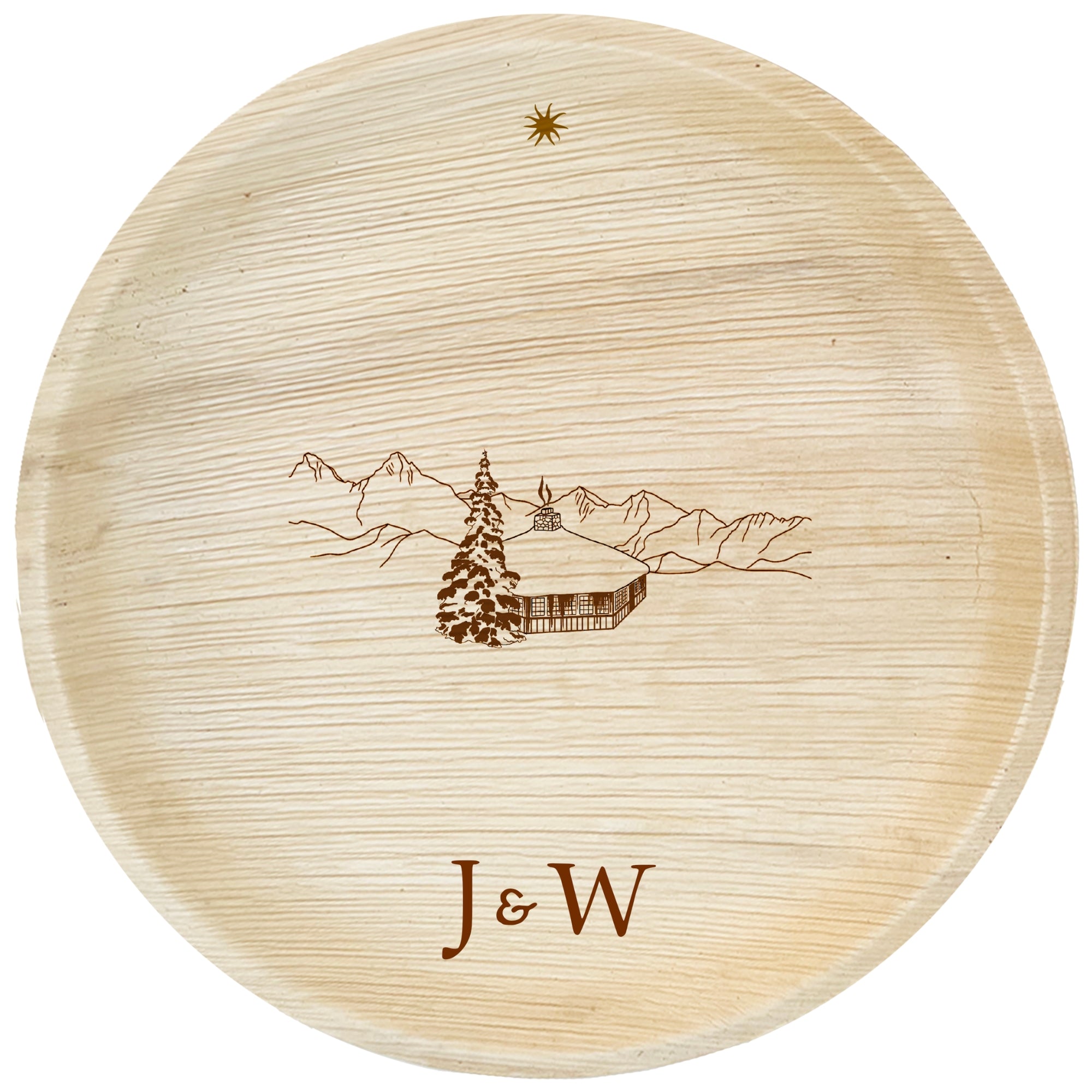 maaterra compostable palm leaf plate with custom round house engraving on a white background. 