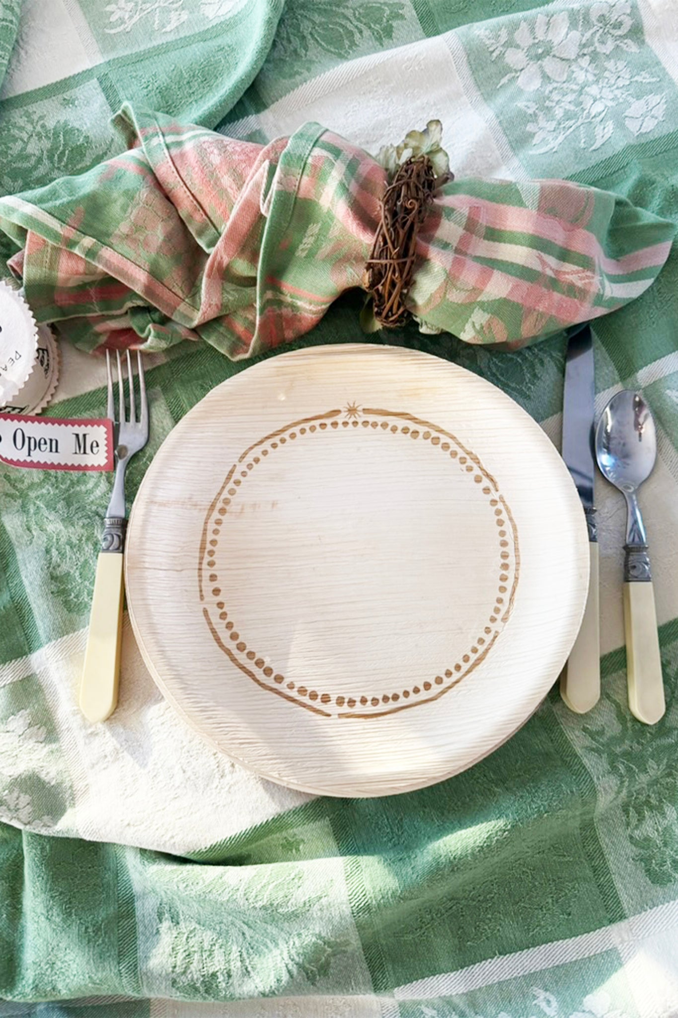 maaterra compostable plate with round & round design. 