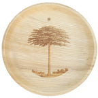 White background. maaterra compostable palm leaf plate with shade tree design.