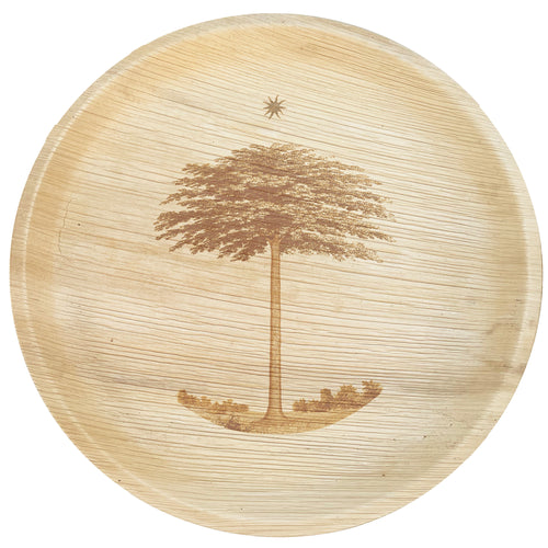 White background. maaterra compostable palm leaf plate with shade tree design.