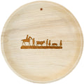 White background. maaterra compostable palm leaf plate with holiday Silhouette design.