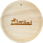 White background. maaterra compostable palm leaf plate with holiday Silhouette design.