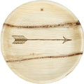 White background. maaterra compostable palm leaf plate with single arrow design on a white background