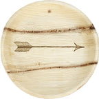 White background. maaterra compostable palm leaf plate with single arrow design on a white background