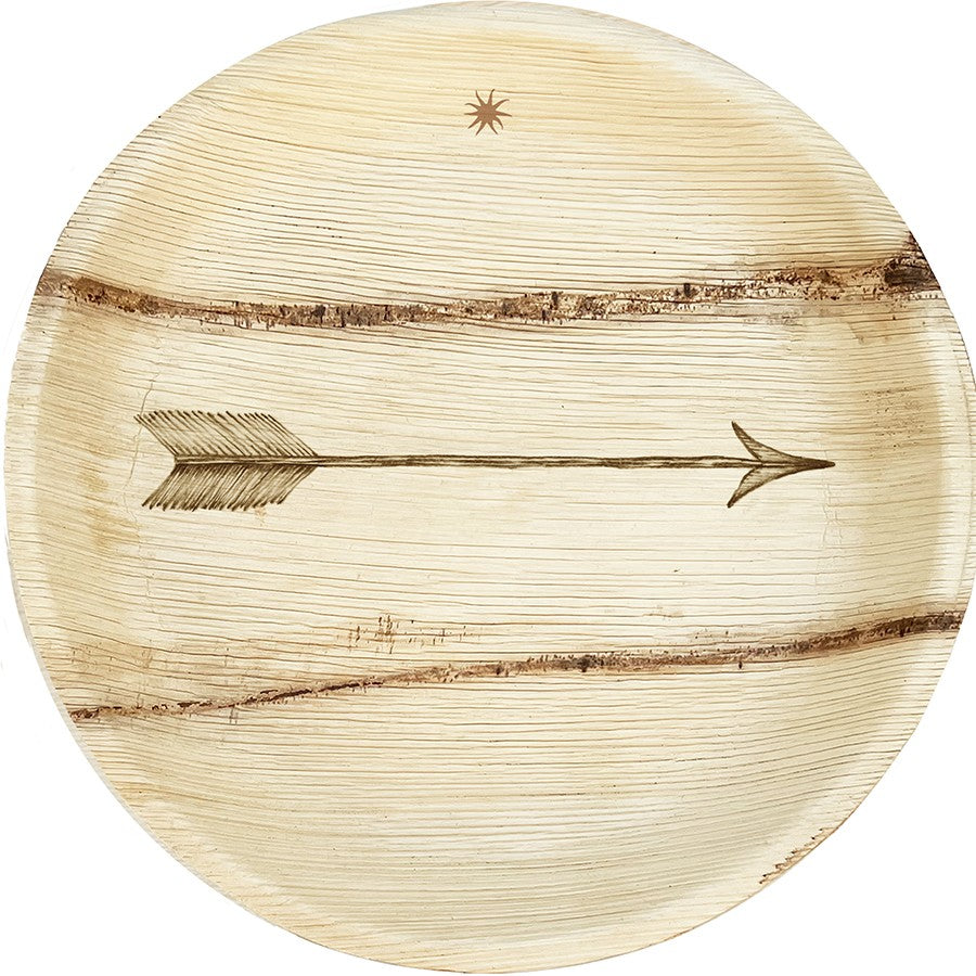 White background. maaterra compostable palm leaf plate with single arrow design on a white background